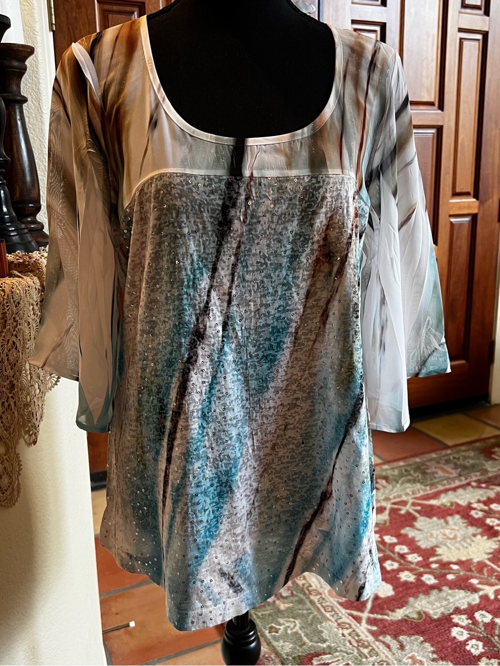Impulse California Top M Multicolored Abstract Tunic Top 3/4 Sleeve Rhinestone